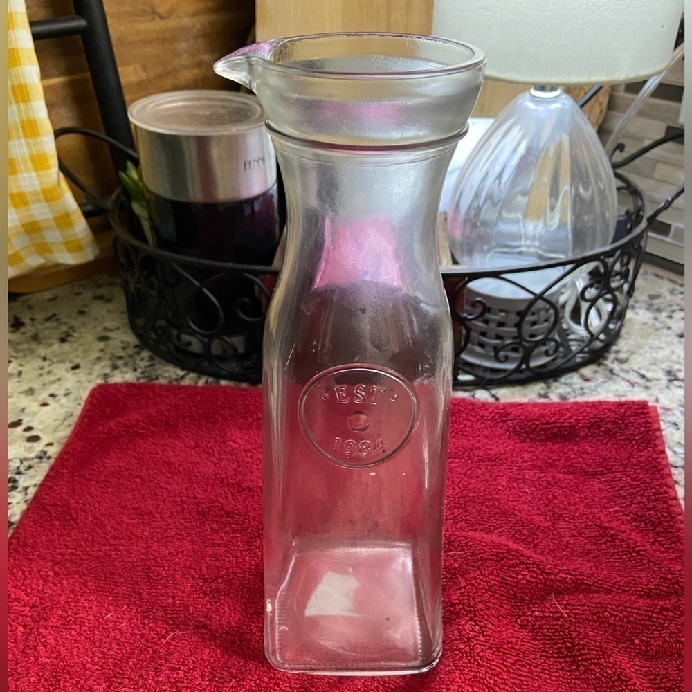 Vintage Glass Milk Bottle Est 1984 tall pitcher style juice cylinder jar vase